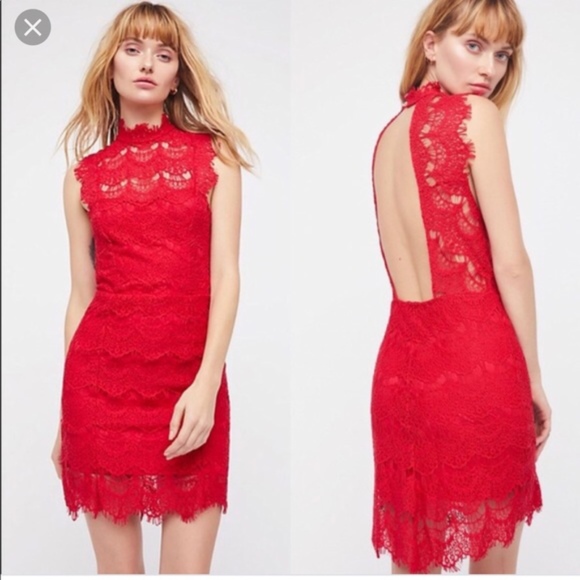 Free People Dresses & Skirts - Free People Red Lace High Neck Open Back Dress